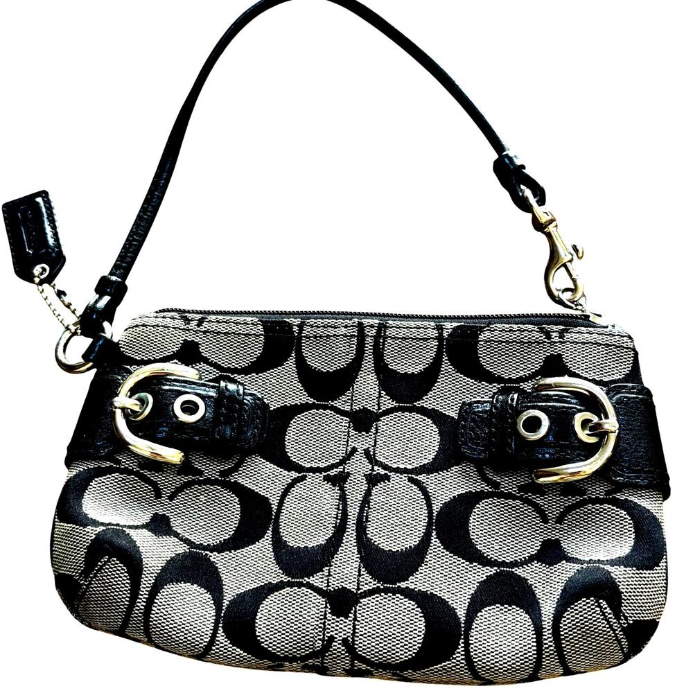 Coach black & gray logo canvas wristlet zip top purse silver hardware FLAW